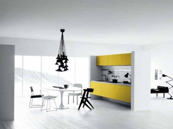yellow-kitchen-black-chandelier-white-table-design