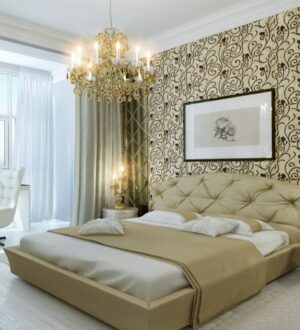 Дизайн современной спальни в бело-золотых тонах